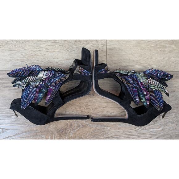Azalea Wang Lianna Bootie Heels 6 Black Multicolor Crystal Feather Applique Glam - Picture 5 of 11